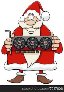 Cartoon illustration of happy Santa Claus character with graphics card on Christmas time
