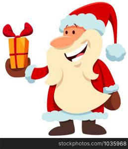 Cartoon Illustration of Happy Santa Claus Character with Present on Christmas Holiday Time