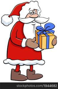 Cartoon illustration of happy Santa Claus character with present on Christmas time