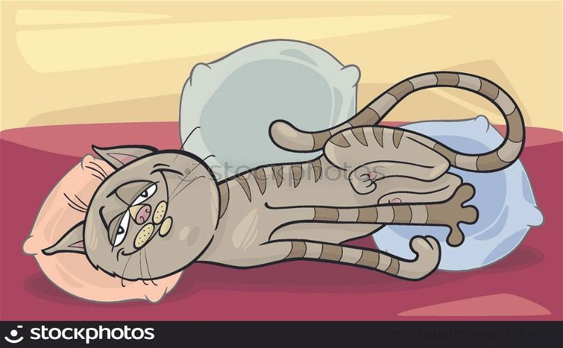 Cartoon Illustration of Happy Sleepy Tabby Cat on the Bed with Pillows