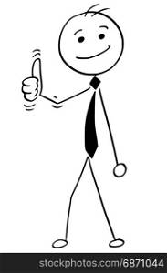 Cartoon illustration of happy smiling stick man businessman, manager, clerk or politician posing with thumbs up gesture