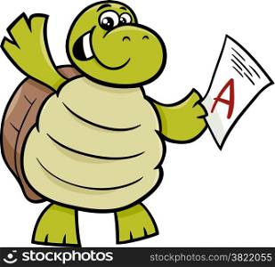 Cartoon Illustration of Happy Turtle Animal Character with A mark on a Test