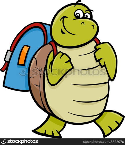 Cartoon Illustration of Happy Turtle Animal Character with Satchel or School Bag