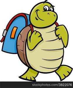 Cartoon Illustration of Happy Turtle Animal Character with Satchel or School Bag