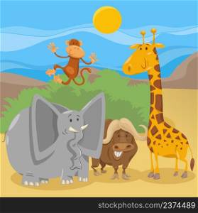 Cartoon illustration of happy wild animals comic characters