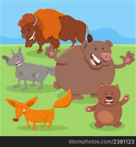 Cartoon illustration of happy wild animals comic characters group