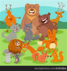 Cartoon illustration of happy wild animals comic characters group
