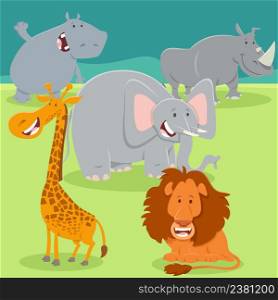 Cartoon illustration of happy wild Safari animals comic characters group