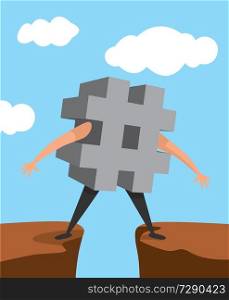 Cartoon illustration of hash tag standing between two cliffs