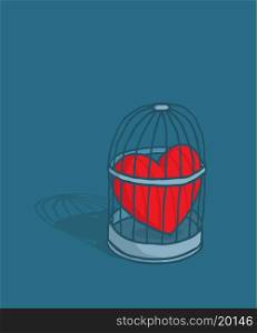Cartoon illustration of heart caged or forbidden love trapped as bird