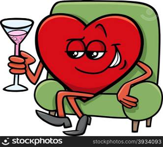 Cartoon Illustration of Heart Character with Glass of Champagne on Valentine Day