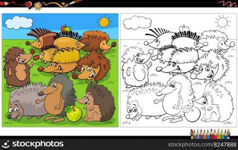 Cartoon illustration of hedgehogs animal characters group coloring page