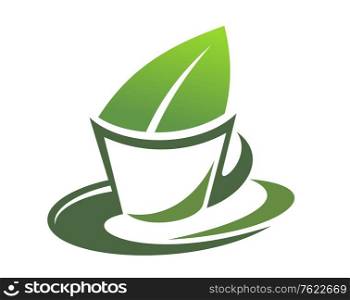 Cartoon illustration of herbal tea with a green leaf in the cup