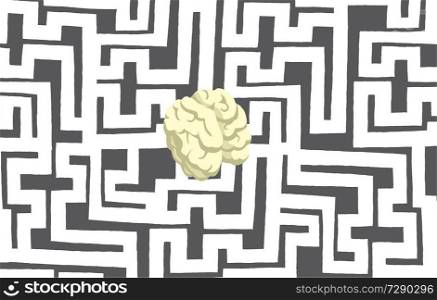 Cartoon illustration of hidden brain on complex maze or labyrinth