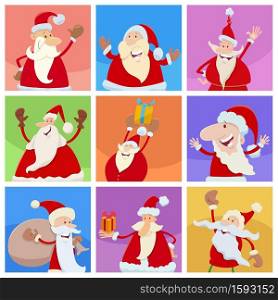 Cartoon illustration of holiday design or greeting cards with Santa Claus Christmas characters set