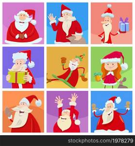 Cartoon illustration of holiday design or greeting cards with Santa Claus Christmas characters set