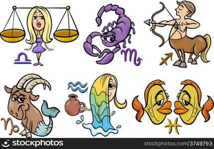 Cartoon Illustration of Horoscope Zodiac Signs Set