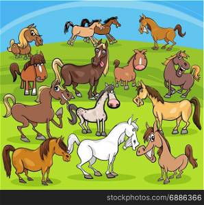 Cartoon Illustration of Horses Farm Animal Characters Herd