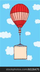 Cartoon illustration of hot air balloon flying with blank sign &#xA;