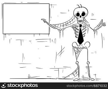 Cartoon illustration of human skeleton of dead businessman, clerk, salesman or manager pointing at empty sign and showing thumbs up gesture.