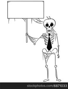 Cartoon illustration of human skeleton of dead businessman, clerk; salesman or manager holding an empty sign.
