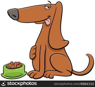 Cartoon illustration of hungry dog comic animal character with his food