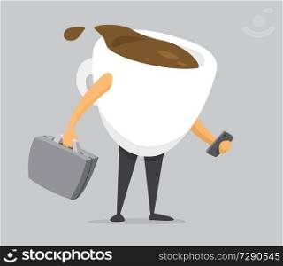 Cartoon illustration of hurried coffee cup holding briefcase and texting
