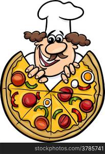 Cartoon Illustration of Italian Cook or Chef with Big Pizza