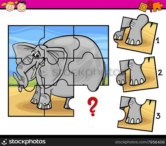 Cartoon Illustration of Jigsaw Puzzle Education Game for Preschool Children with Elephant