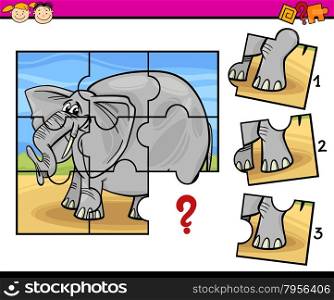 Cartoon Illustration of Jigsaw Puzzle Education Game for Preschool Children with Elephant