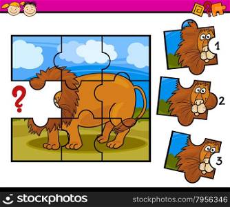 Cartoon Illustration of Jigsaw Puzzle Education Game for Preschool Children with Lion