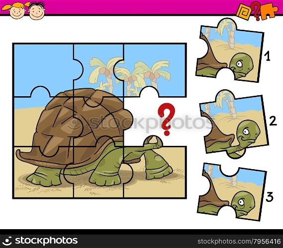 Cartoon Illustration of Jigsaw Puzzle Education Game for Preschool Children with Turtle