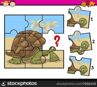 Cartoon Illustration of Jigsaw Puzzle Education Game for Preschool Children with Turtle
