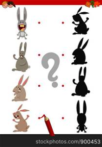 Cartoon Illustration of Join the Right Shadows with Pictures Educational Game for Children with Cute Rabbits Characters
