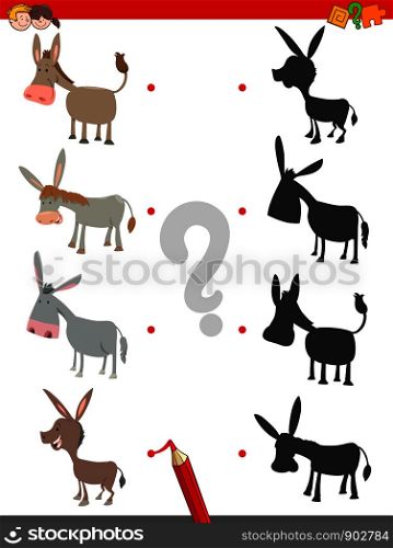 Cartoon Illustration of Join the Right Shadows with Pictures Educational Game for Children with Cute Donkeys Characters