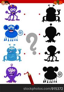 Cartoon Illustration of Join the Right Shadows with Pictures Educational Game for Children with Happy Monsters Characters