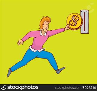 Cartoon illustration of jumping man inserting money or coin into slot