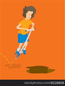 Cartoon illustration of kid jumping on pogo stick towards pit or hole