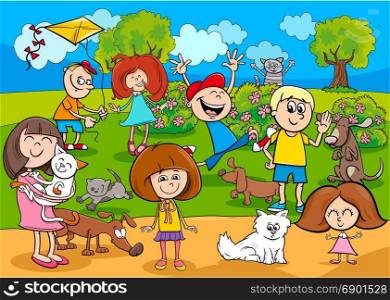 Cartoon Illustration of Kids with Pets Characters Group in the Park
