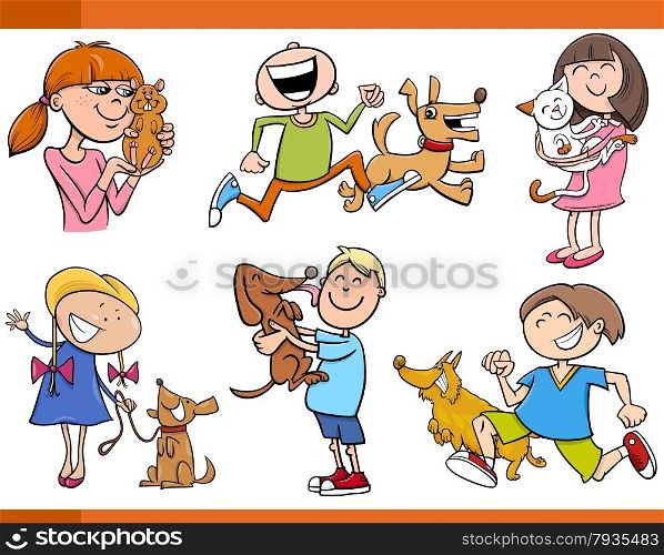 Cartoon Illustration of Kids with Pets Characters Set
