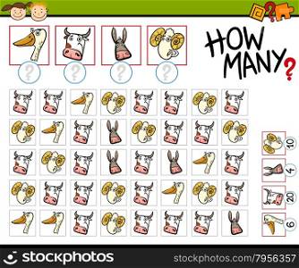 Cartoon Illustration of Kindergarten Education Counting Game for Preschool Children with Farm Animals