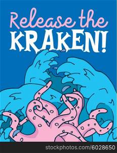 Cartoon illustration of kraken tentacles attacking in revolting waters