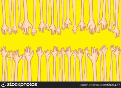 Cartoon illustration of large group of hands reaching out and helping people connecting