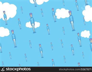 Cartoon illustration of large group of men falling like rain