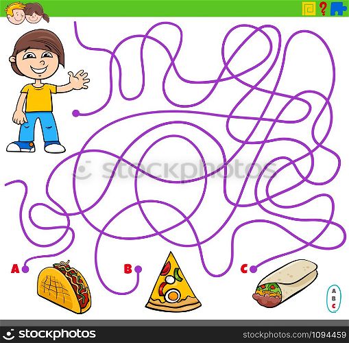 Cartoon Illustration of Lines Maze Puzzle Activity Game with Boy Character and Food Objects