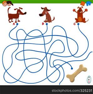 Cartoon Illustration of Lines Maze Puzzle Activity Game with Dog Animal Characters and Dog Bone