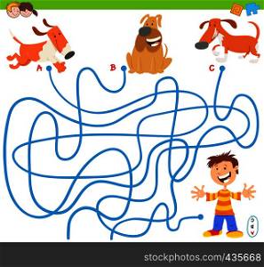 Cartoon Illustration of Lines Maze Puzzle Activity Game with Dogs or Puppies Animal Characters and Cute Little Boy
