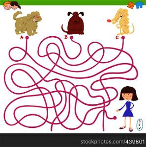 Cartoon Illustration of Lines Maze Puzzle Activity Game with Dogs or Puppies Animal Characters and Girl