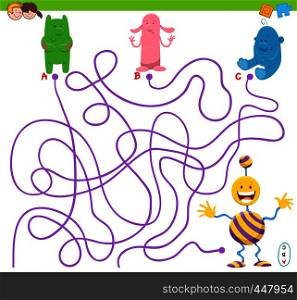 Cartoon Illustration of Lines Maze Puzzle Activity Game with Funny Aliens or Fantasy Characters