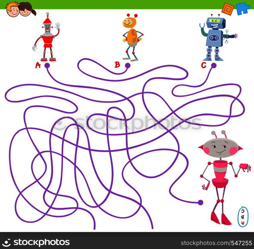 Cartoon Illustration of Lines Maze Puzzle Activity Game with Funny Robots Characters